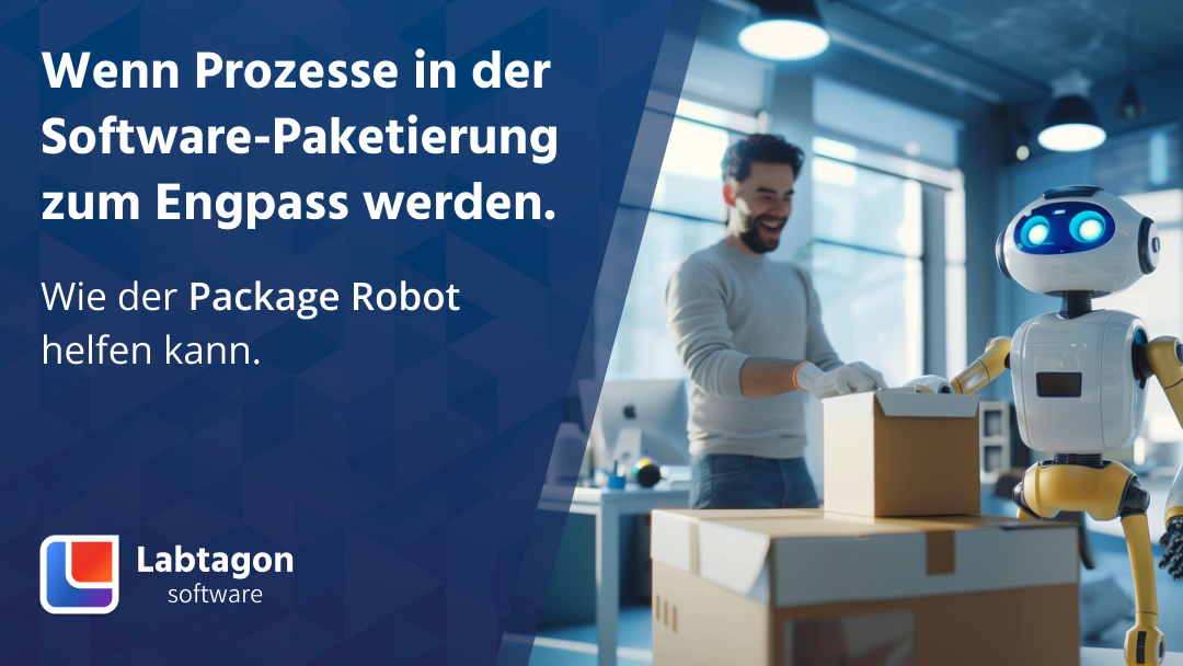 Der Package Robot unterstützt bei der Softwarepaketierung. Ein Mensch steht lachend und entspannt daneben.